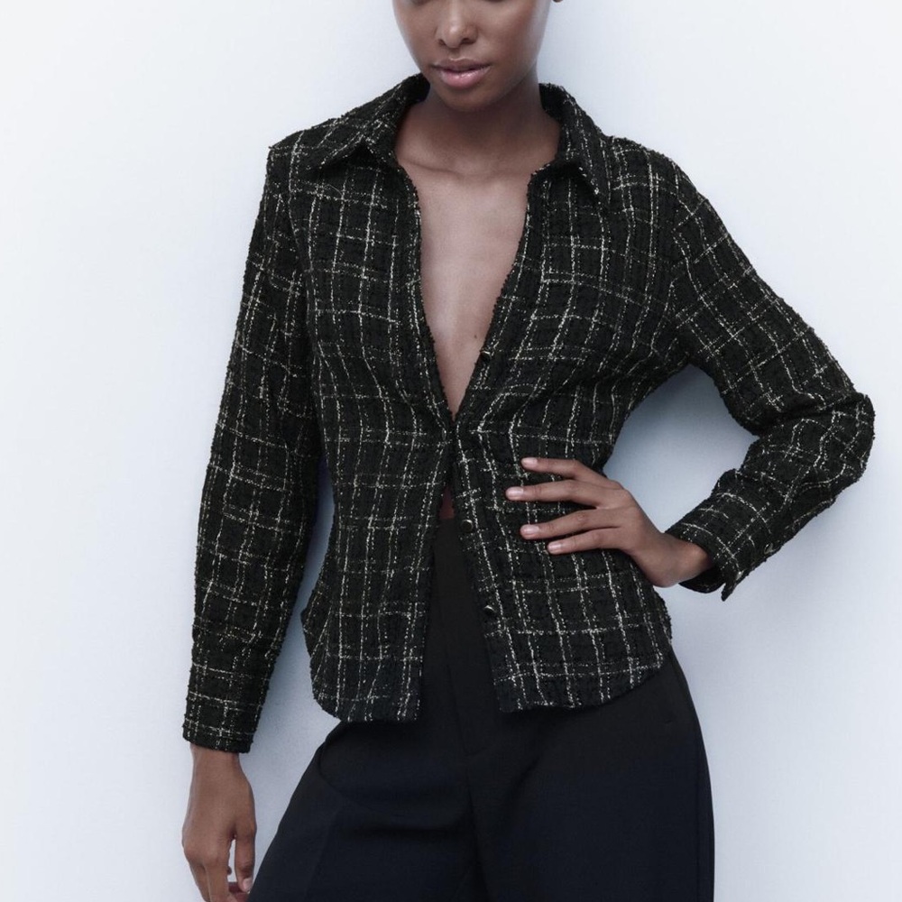 Zara Black and White Plaid Button Down Shirt